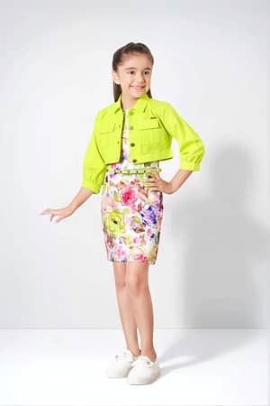 Tiny Baby Girls' Floral Bodycon Dress with Neon Green Cropped Jacket – 2-Piece Party Wear Set