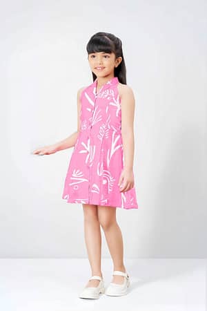 Tiny Baby Girls' Sleeveless Printed A-Line Dress – Pink & White Summer Casual Wear