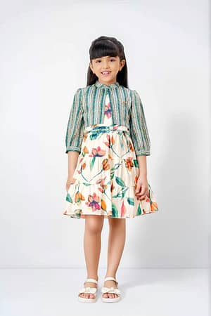 Tiny Baby Girls’ Multicolor Floral Tiered Dress with Striped Jacket – Stylish Festive Wear