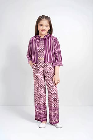 Tiny Baby Girls' 3-Piece Ethnic Co-ord Set – Printed Crop Top, Palazzo Pants & Jacket (Purple)