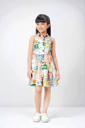 Tiny Baby Girls' Sleeveless Shirt Dress with Colorful Travel-Themed Print – Multicolor