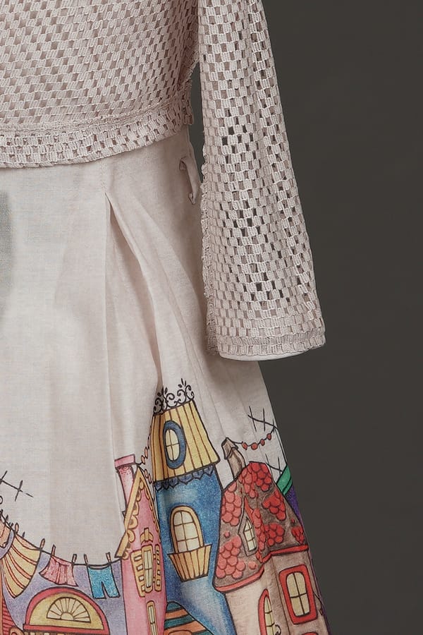 Tiny Baby Girls' Beige Shirt Dress with Artistic Printed Flared Skirt – Full Sleeve Party Wear - Image 4