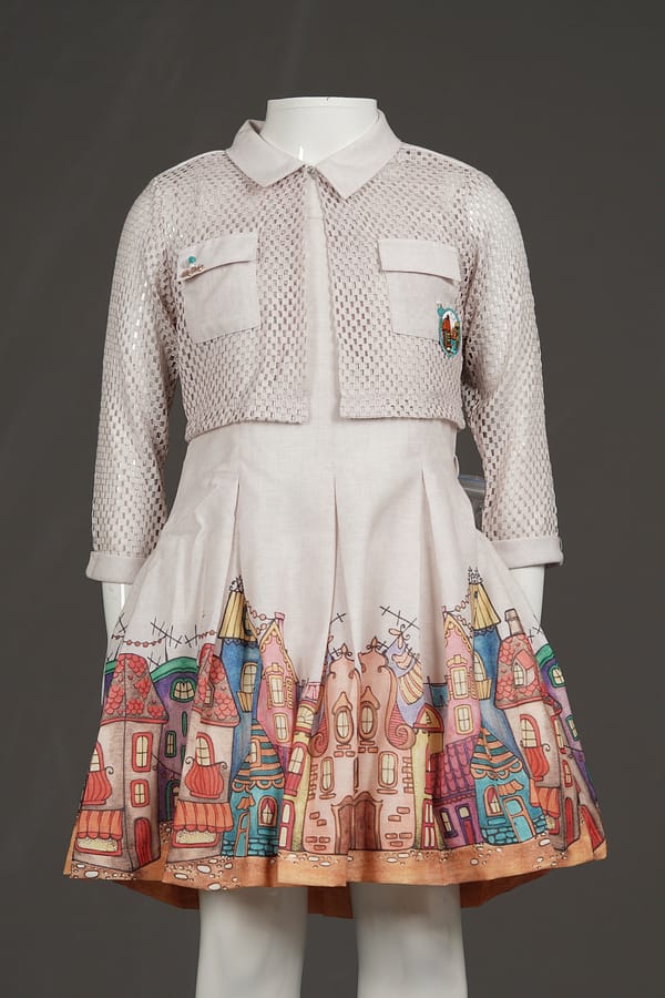 Tiny Baby Girls' Beige Shirt Dress with Artistic Printed Flared Skirt – Full Sleeve Party Wear - Image 2