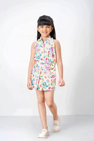 Tiny Baby Girls’ Sleeveless Printed Shirt Dress – Peach Base with Vibrant Paisley & Floral Motifs