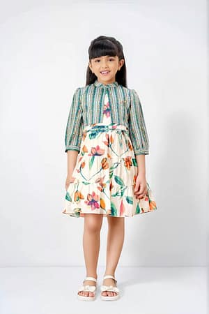 Tiny Baby Girls’ Multicolor Floral Tiered Dress with Striped Jacket – Stylish Festive Wear
