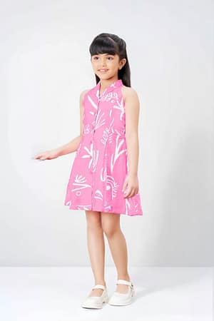 Tiny Baby Girls' Sleeveless Printed A-Line Dress – Pink & White Summer Casual Wear