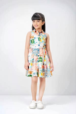 Tiny Baby Girls' Sleeveless Shirt Dress with Colorful Travel-Themed Print – Multicolor